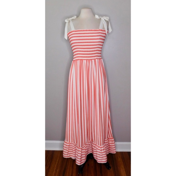 SUMMERSALT The Smocked Maxi Dress Nautical Stripe Nantucket Red ~ Large - Picture 3 of 12